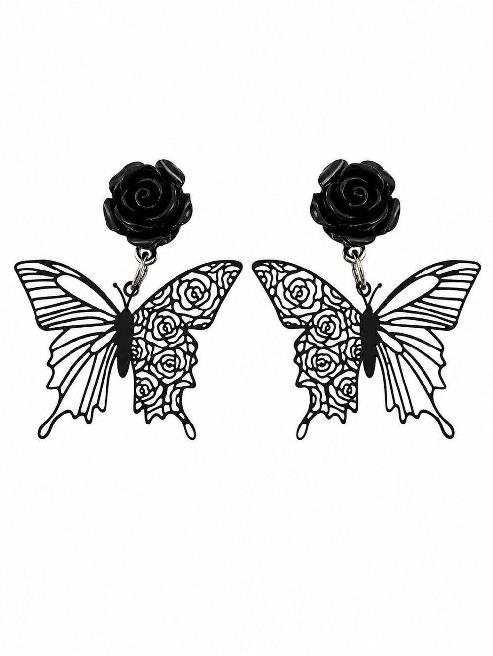 Vintage 1980s Black Rose Delicate Butterfly Goth Clip-on Earrings